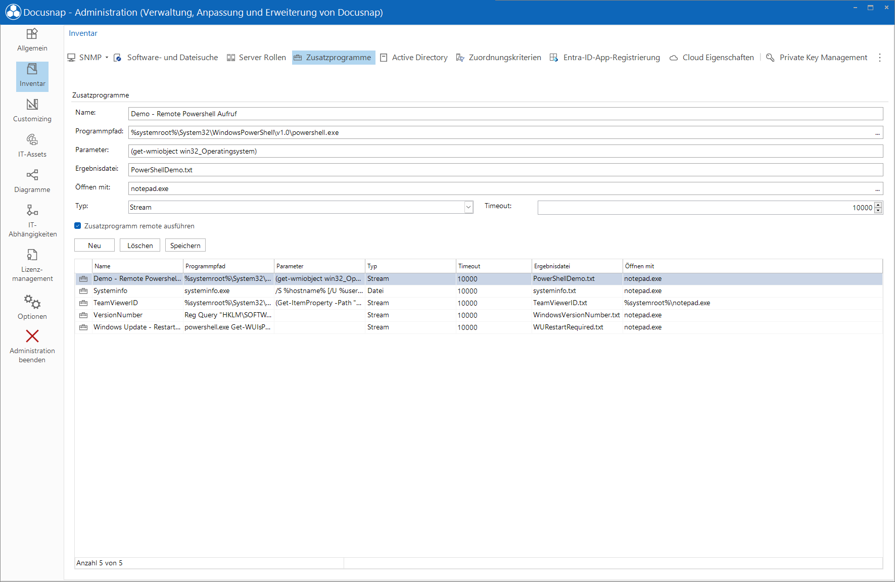 Docusnap Administration Inventar Zusatzprogramme Remote