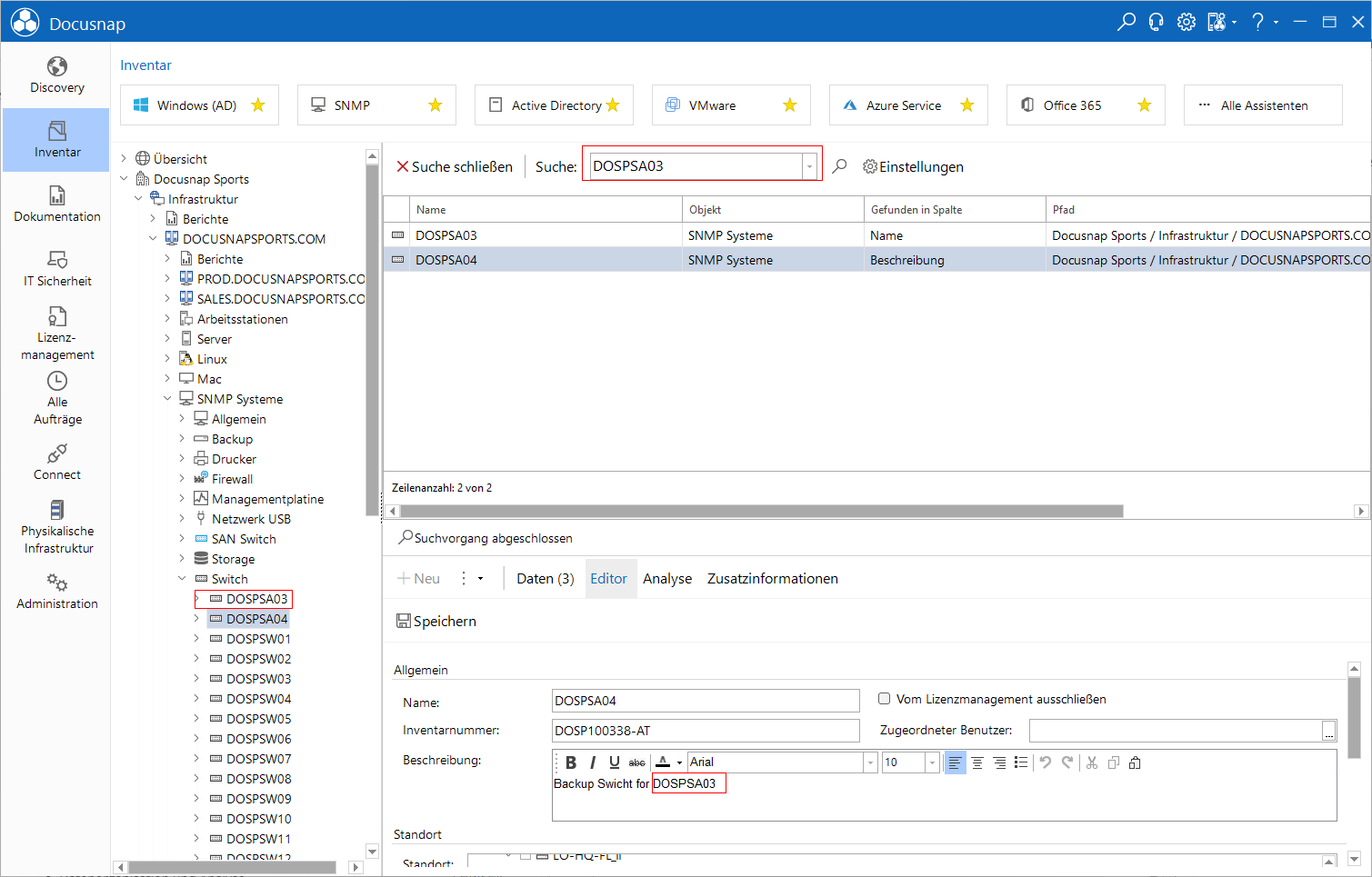 Docusnap Enterprise Suche ausführen einzelner Wert