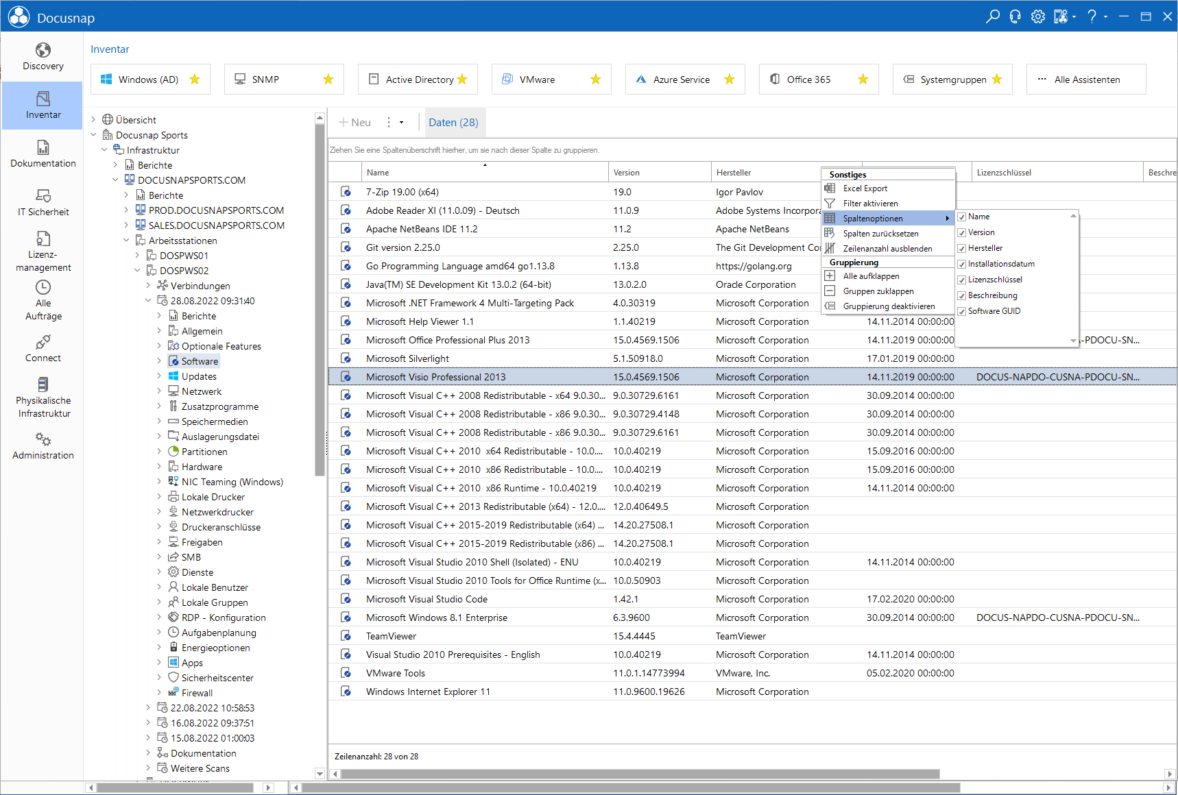 Docusnap Datenexplorer Spaltenoptionen