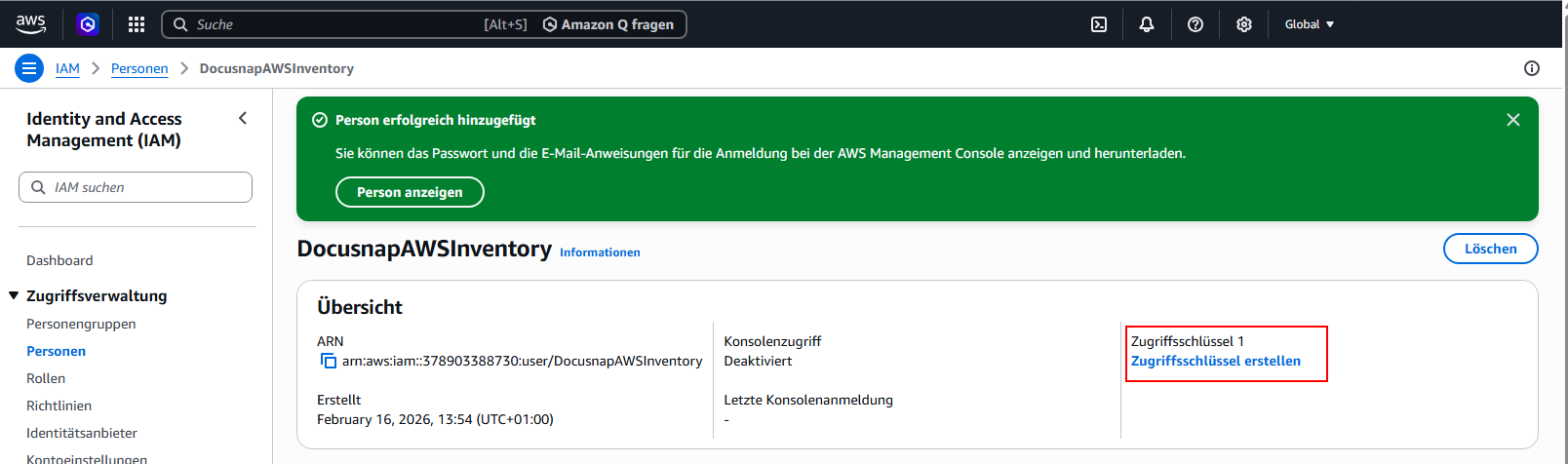 Docusnap AWS Vorbereitung Person Zugriffschlüssel erstellen Docusnap AWS Vorbereitung Person Zugriffschlüssel erstellen