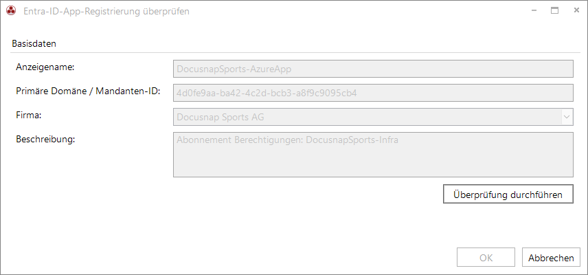 Docusnap Azure App Überprüfung Dialog