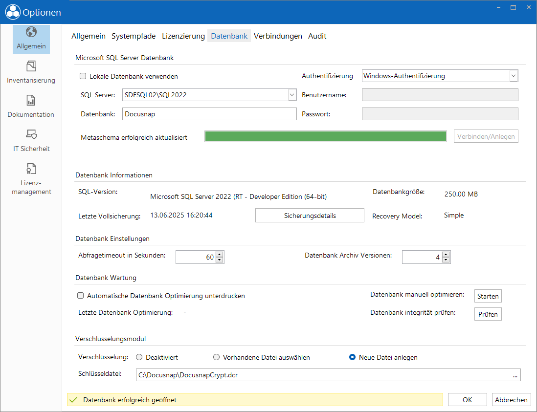 Docusnap-Optionen Datenbank sql Docusnap-Optionen Datenbank sql