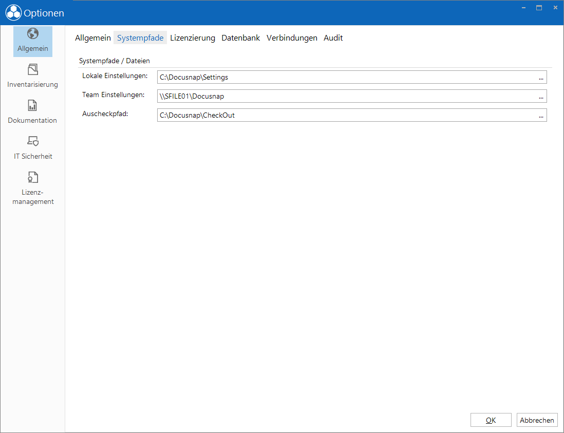Docusnap-Optionen Systempfade Docusnap-Optionen Systempfade