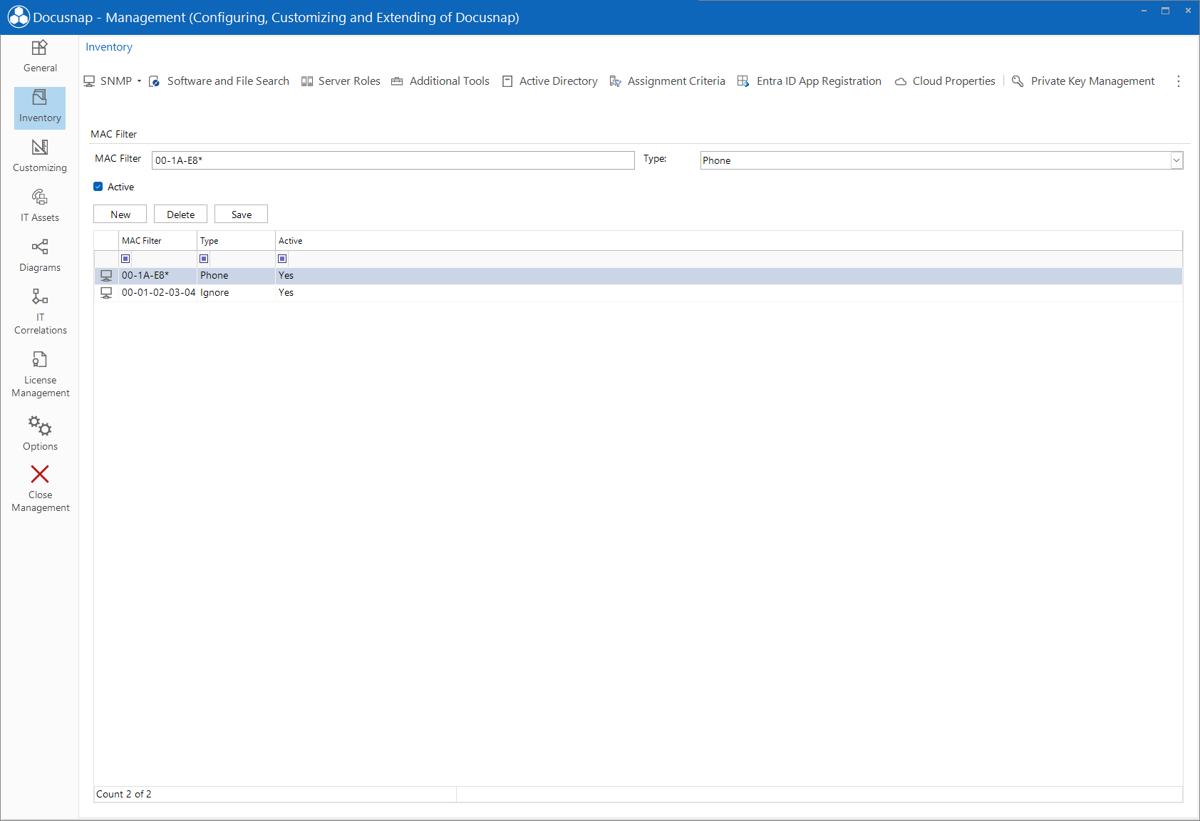 Docusnap Management Inventory MAC Filter