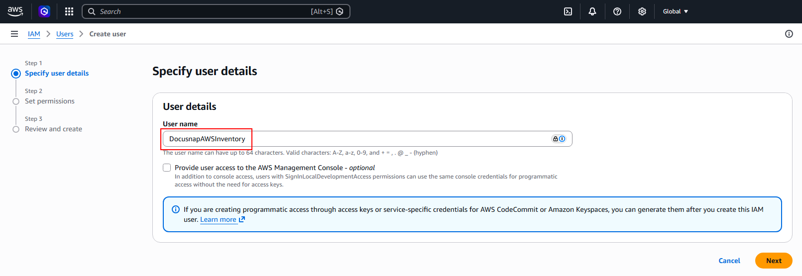 Docusnap Inventory AWS Preparations Create User Docusnap Inventory AWS Preparations Create User