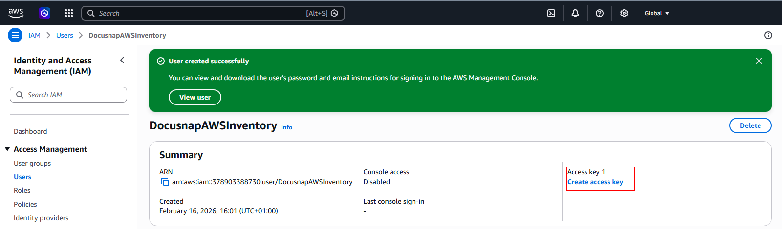 Docusnap Inventory AWS Preparations User Access Key Docusnap Inventory AWS Preparations User Access Key