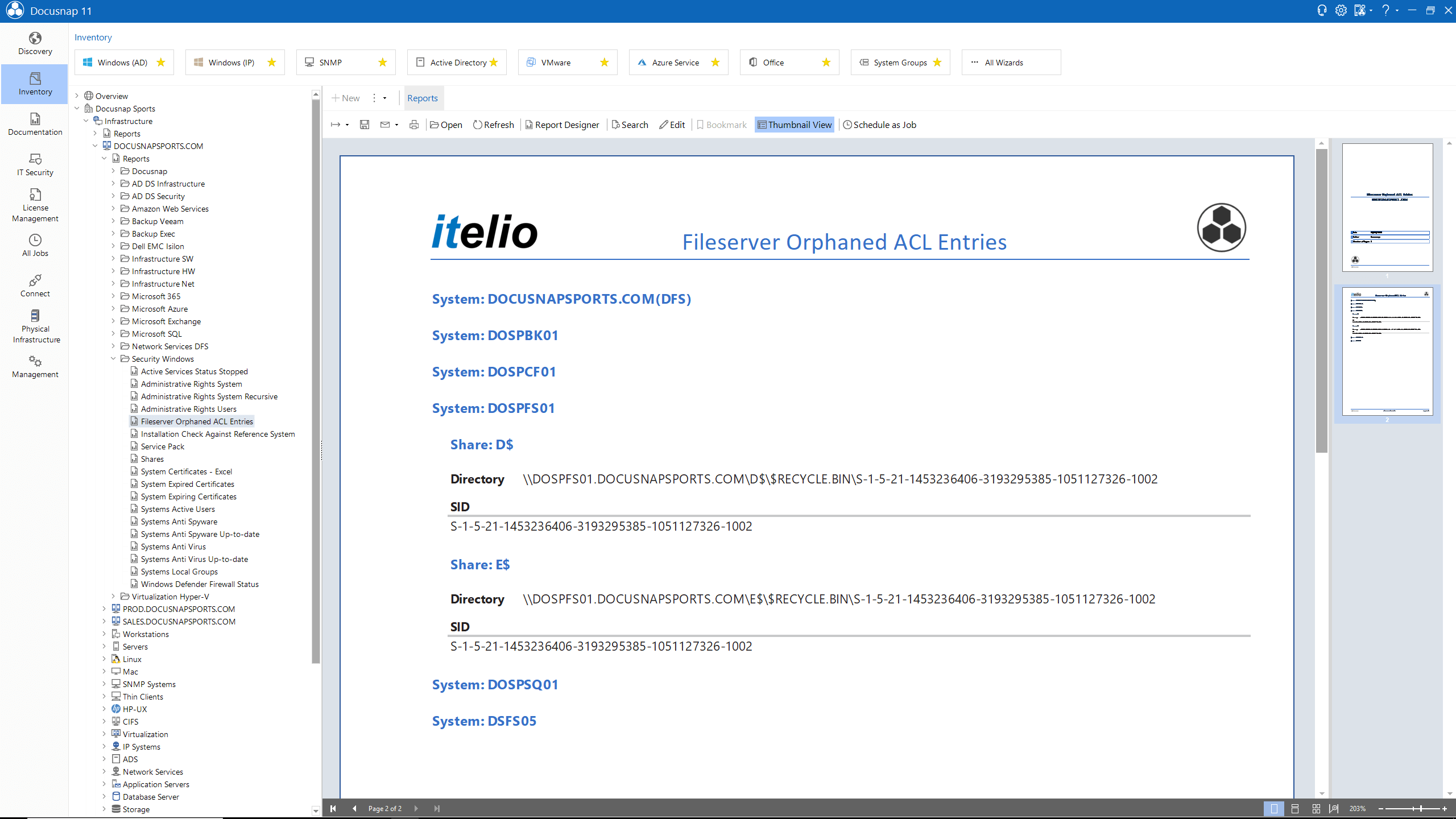 Docusnap Sreenshot: Report fileserver orphaned ACL entries search