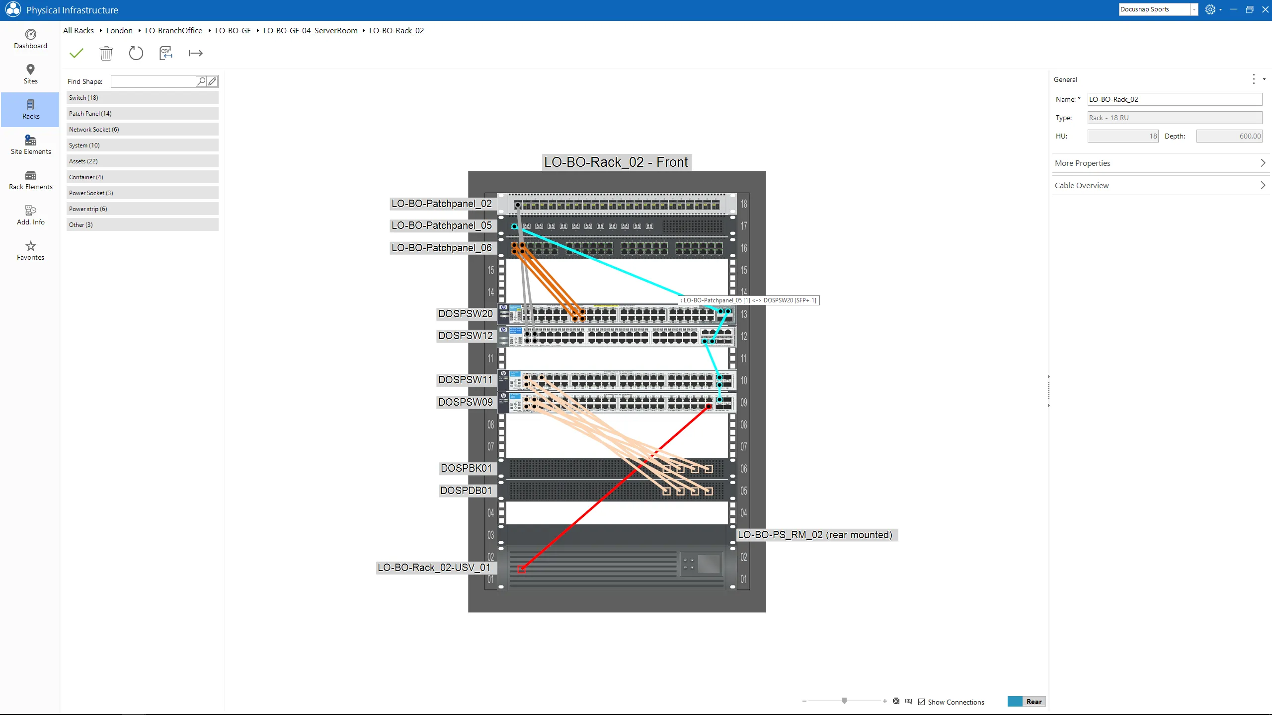 Docusnap Screenshot: Hardware rackplan cabling