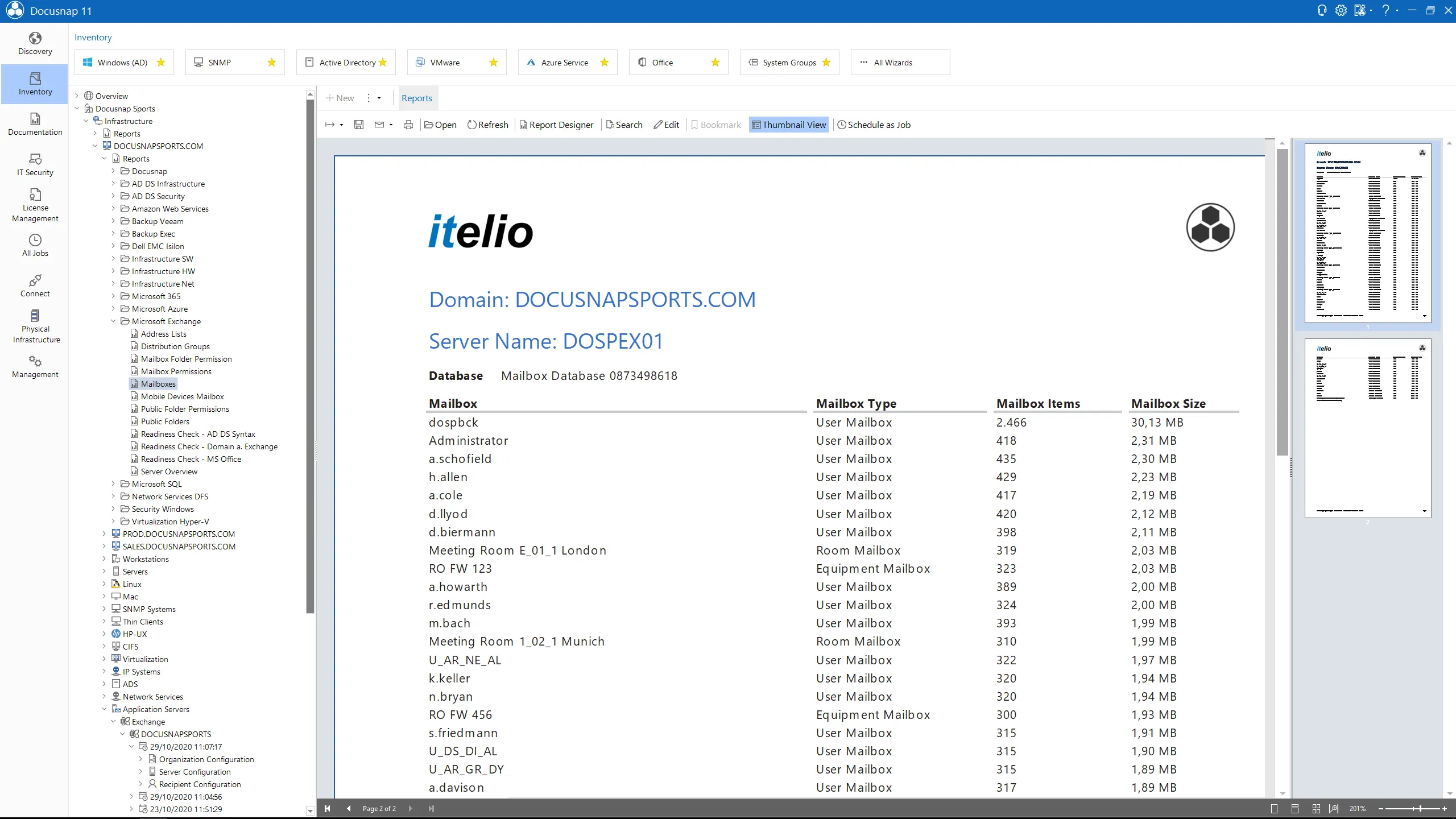 Docusnap Screenshot: Report Exchange mailboxes
