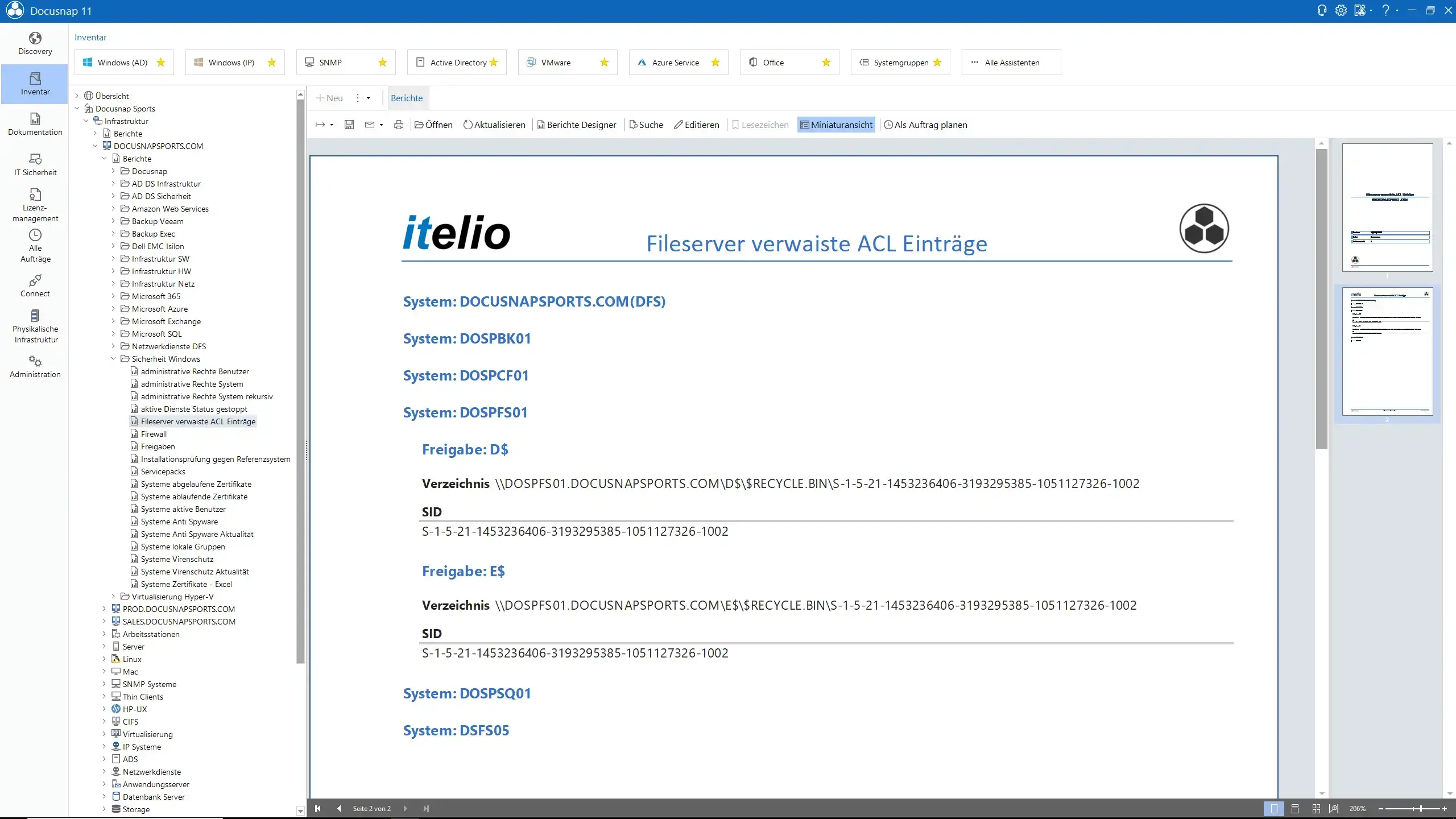 Docusnap Screenshot: Bericht Fileserver verwaiste ACL-Einträge