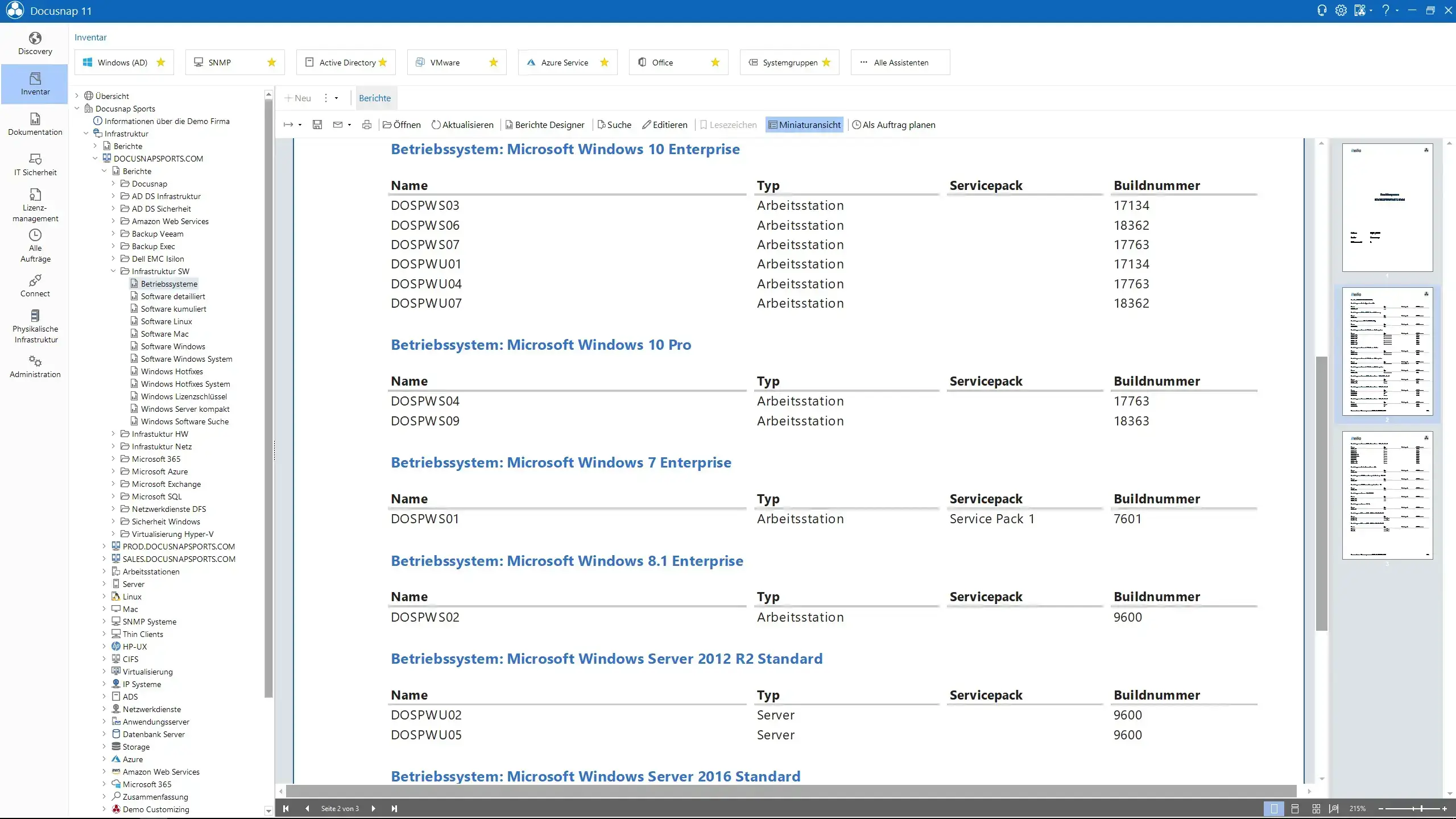Docusnap Screenshot: Bericht Betriebssysteme