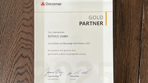 Auszeichnung der enthus GmbH als Docusnap Gold Partner 2025.