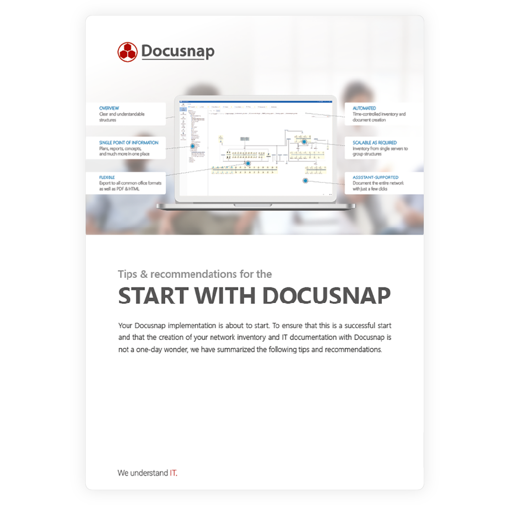 Laptop showing network inventory with Docusnap features like overview, single point of information, flexible export, automated documentation, scalable inventory, and assistant support.