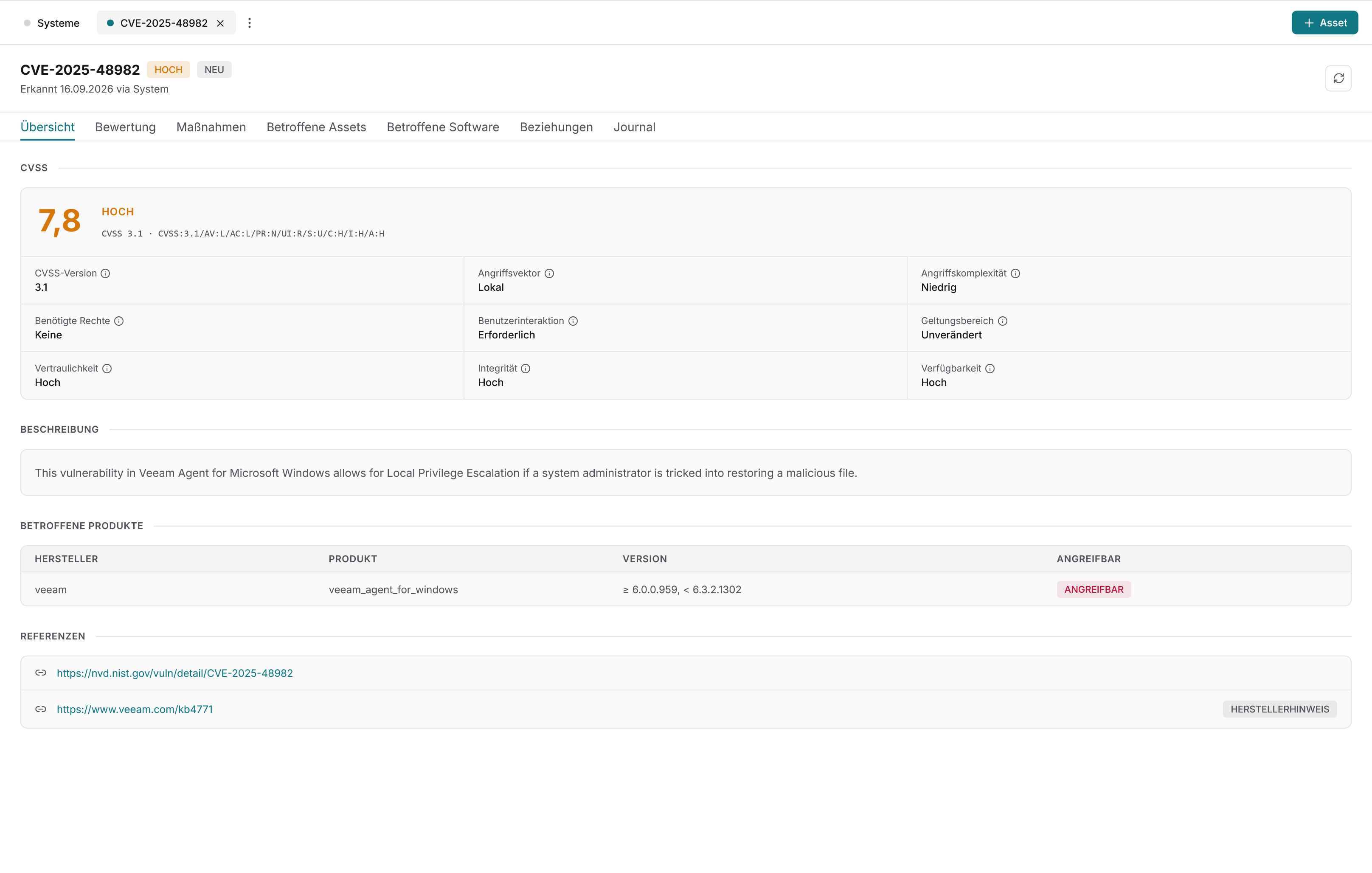 Docusnap365-CVE-Analyse mit der Detailansicht einer CVE im Tab Übersicht mit CVSS-Score und Metriken wie Angriffsvektor, Beschreibung, Tabelle der betroffenen Produkte und Referenzen