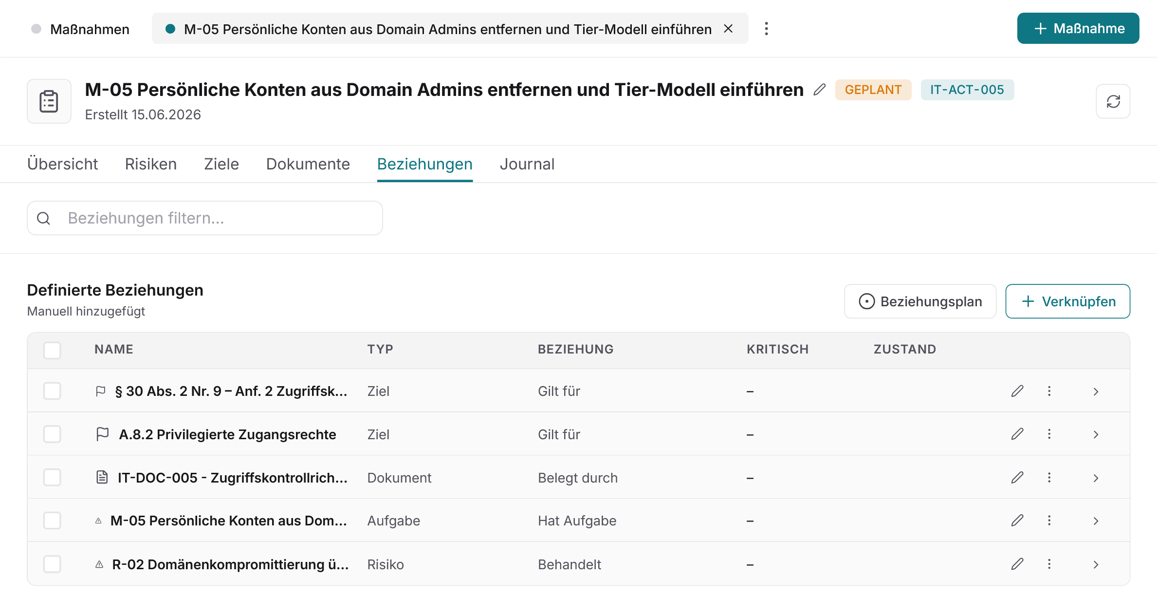 Docusnap365-ISMS mit der Detailansicht einer Maßnahme im Tab Beziehungen: Tabelle definierter Beziehungen zu Zielen, Dokument, Aufgabe und Risiko mit Spalten Typ, Beziehung, Kritisch und Zustand