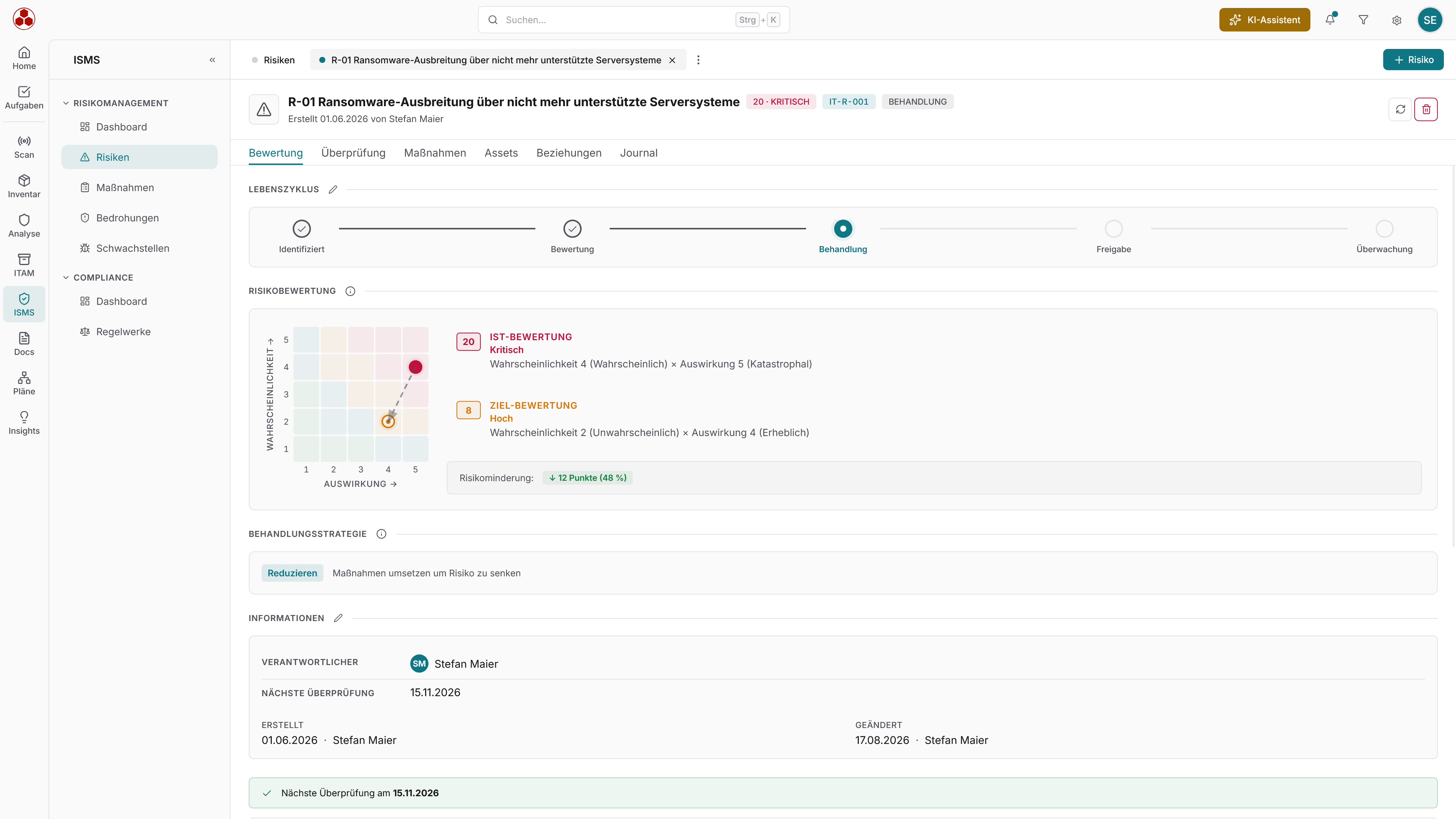 Docusnap365-ISMS mit der Detailansicht eines Risikos im Tab Bewertung mit Lebenszyklus, Risikobewertung als Matrix mit Ist- und Ziel-Bewertung, Risikominderung, Behandlungsstrategie und Informationen