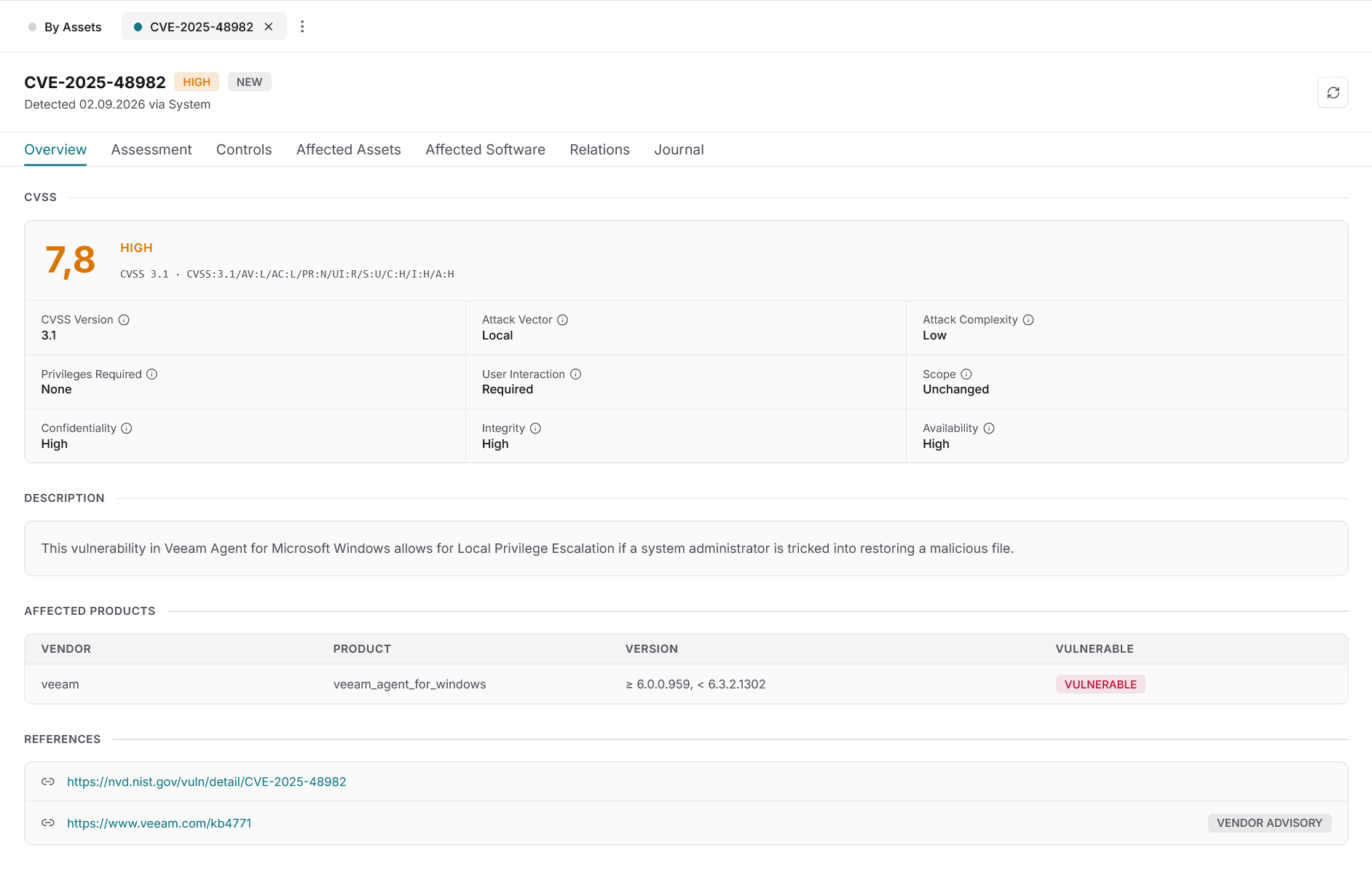 Docusnap365 CVE Analysis CVE detail view on the Overview tab with CVSS score, severity and metrics, a description, an Affected Products table with vendor, product and version, and references