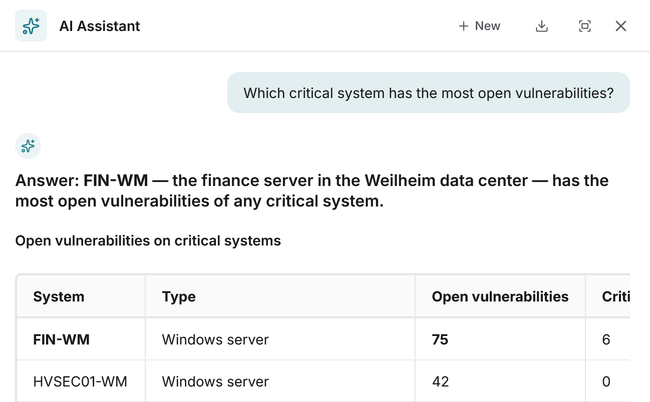 Docusnap365 AI Assistant chat enlarged to the question which critical system has the most open vulnerabilities, answered by a summary sentence and a table of systems with open and critical counts