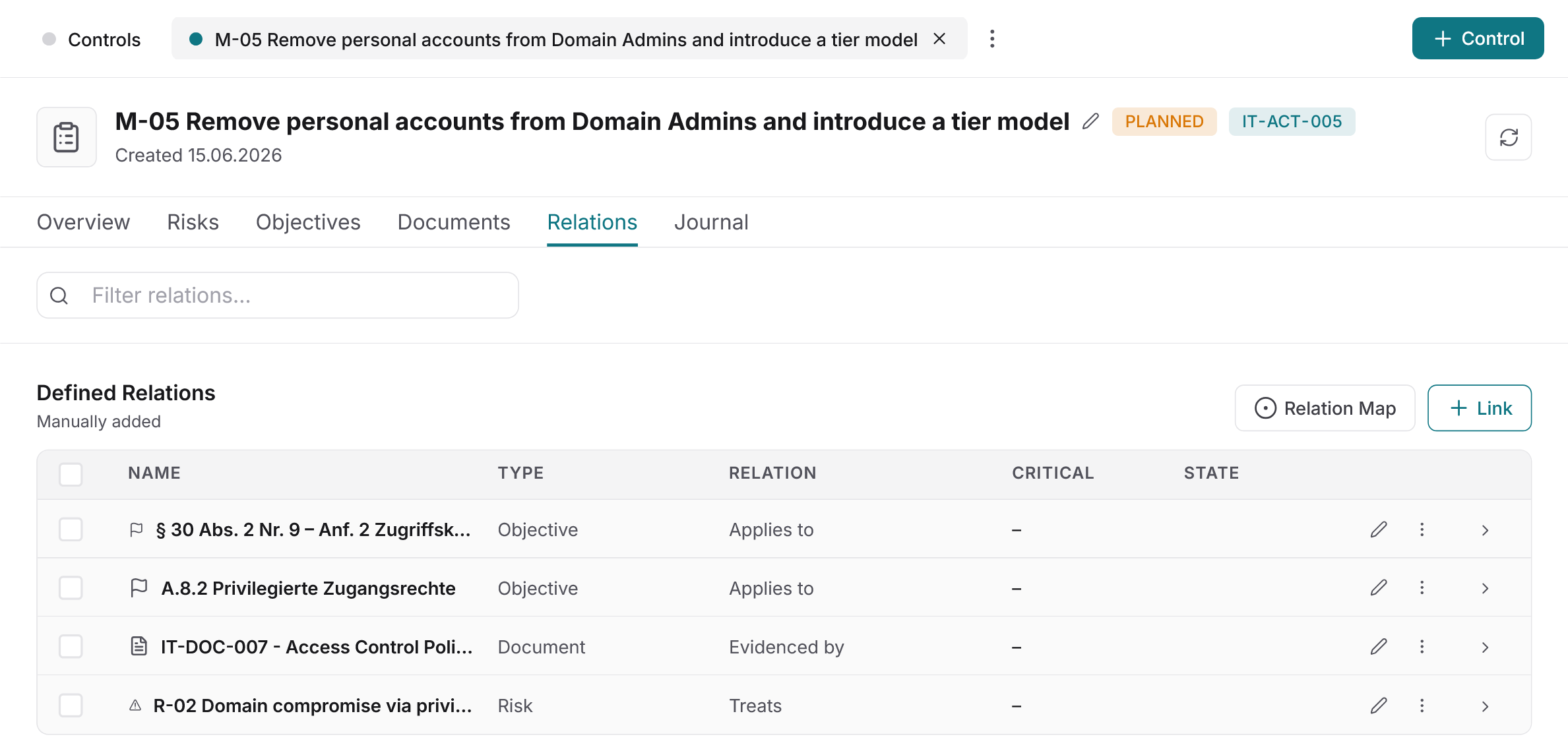 Docusnap365 ISMS Controls detail view on the Relations tab listing Defined Relations to objectives, a document and a risk with Type, Relation, Critical and State columns and a Relation Map button