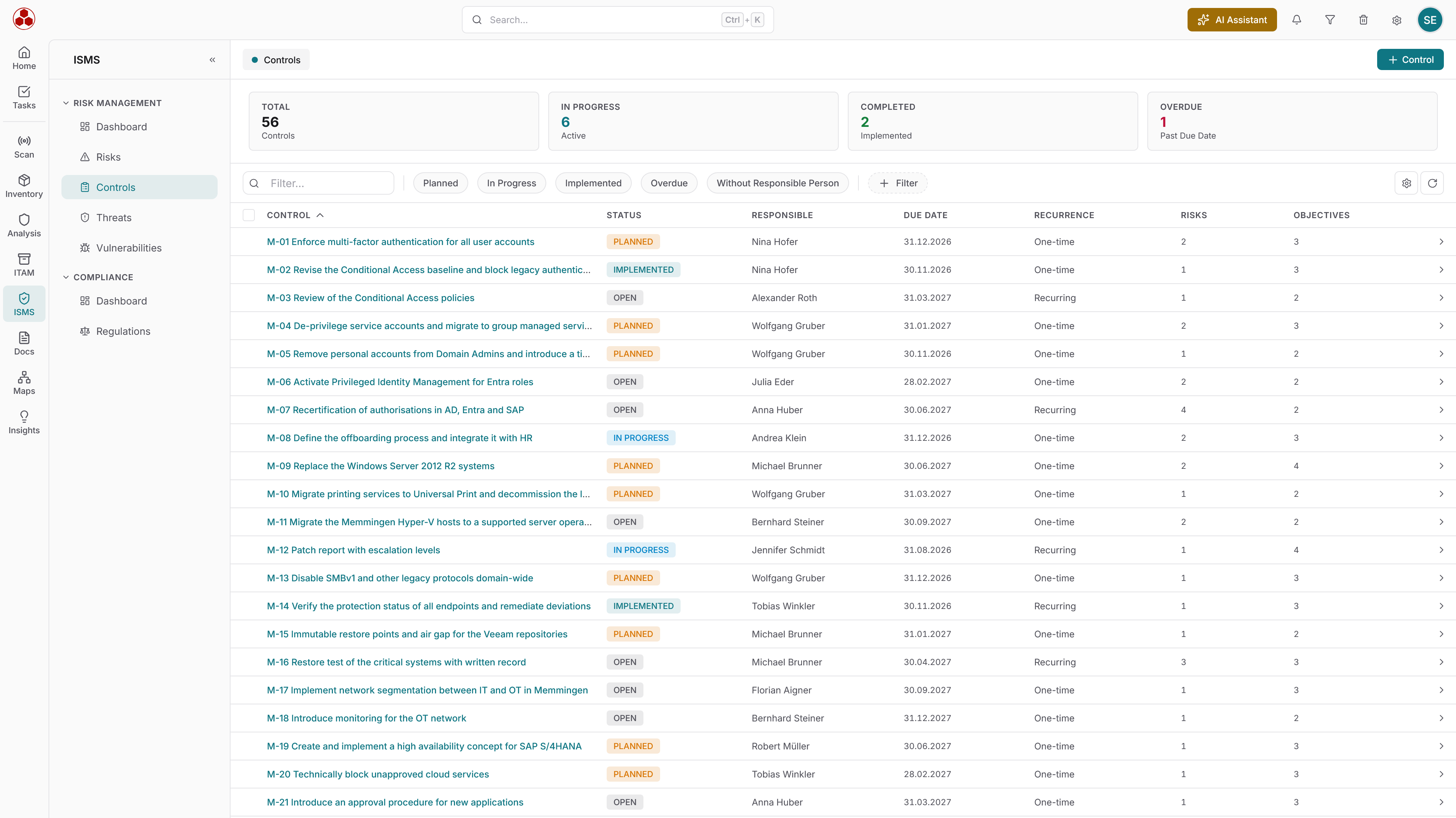 Docusnap365 ISMS Controls list with Total, In Progress, Completed and Overdue tiles, status filters and a table of controls with Status, Responsible, Due Date, Recurrence, Risks and Objectives columns