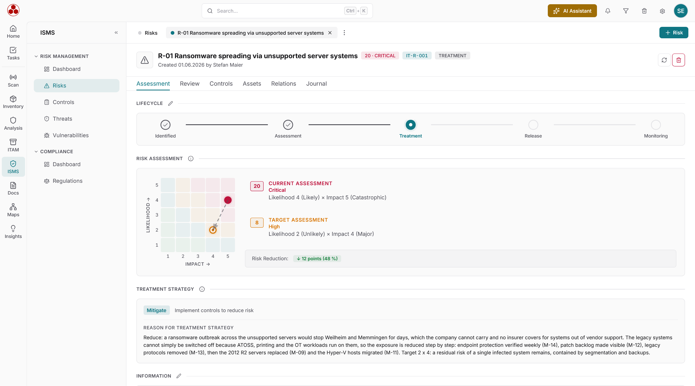 Docusnap365 ISMS Risks detail view on the Assessment tab with a Lifecycle stepper, a risk matrix comparing Current and Target Assessment with Risk Reduction, and the Treatment Strategy set to Mitigate