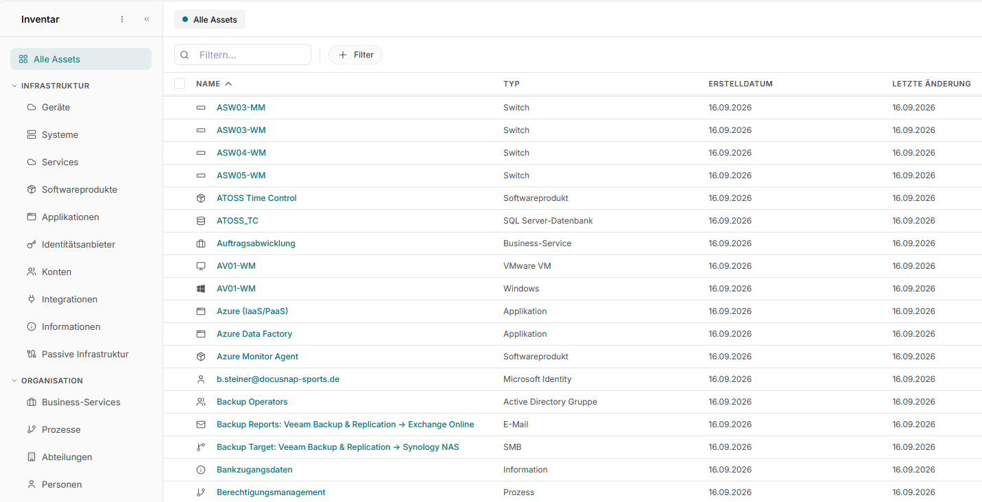 Docusnap365-Inventar vergrößert mit der Navigation nach Infrastruktur und Organisation sowie der Tabelle Alle Assets mit den Spalten Name, Typ, Erstelldatum und Letzte Änderung