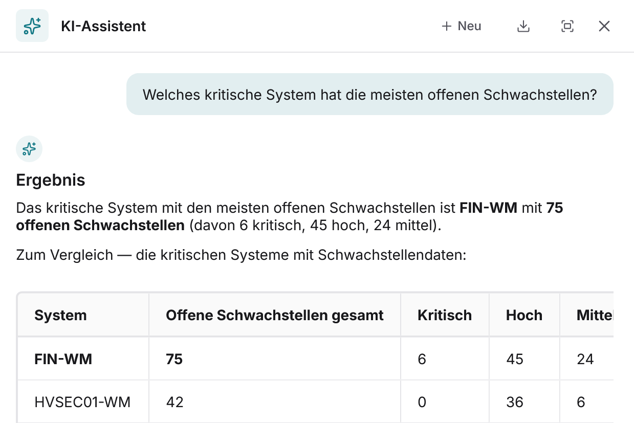 Docusnap365-KI-Assistent vergrößert mit der Frage nach dem kritischen System mit den meisten offenen Schwachstellen und dem Ergebnis als Tabelle nach Kritisch, Hoch und Mittel