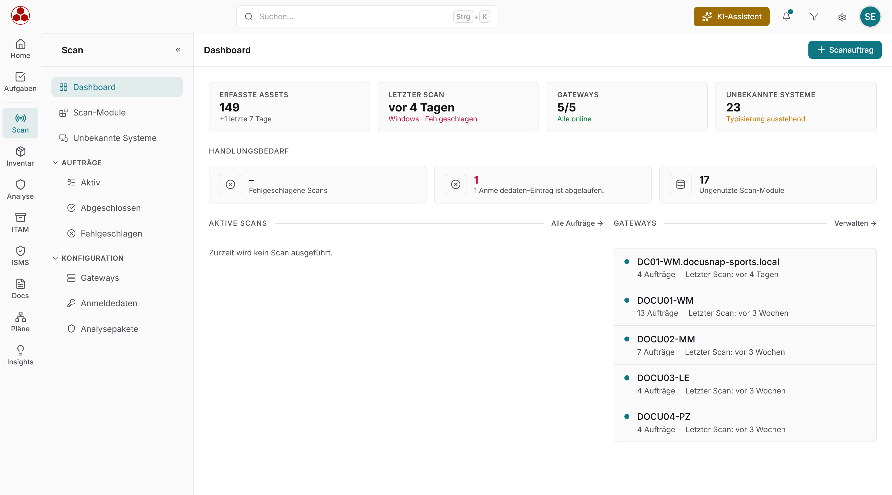 Docusnap365-Scan mit dem Dashboard aus den Kennzahlen Erfasste Assets, Letzter Scan, Gateways und Unbekannte Systeme, dem Handlungsbedarf, aktiven Scans und den Gateways mit Aufträgen und letztem Scan