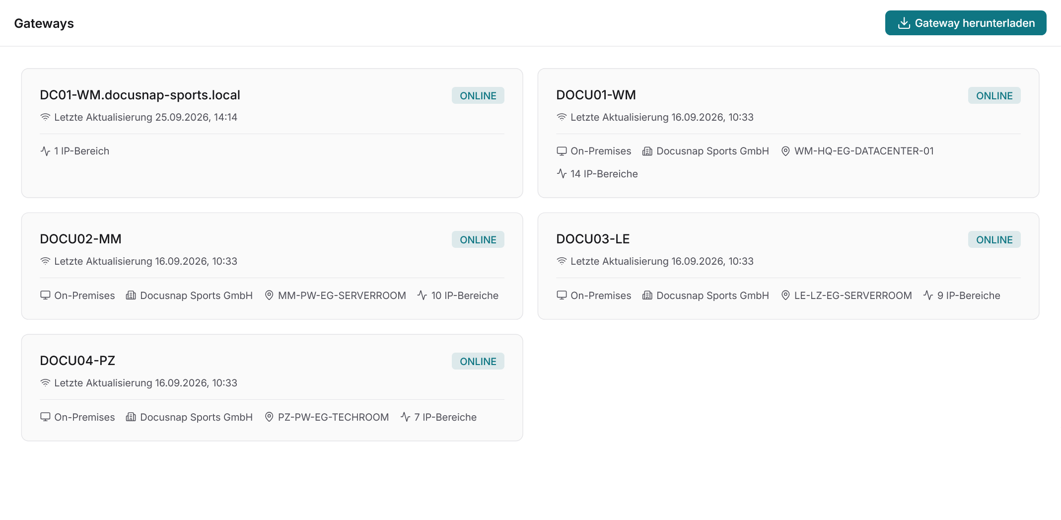 Docusnap365-Scan mit den Gateways als Karten, jeweils mit Status Online, letzter Aktualisierung, On-Premises, Organisation, Standort und IP-Bereichen, dazu die Schaltfläche Gateway herunterladen