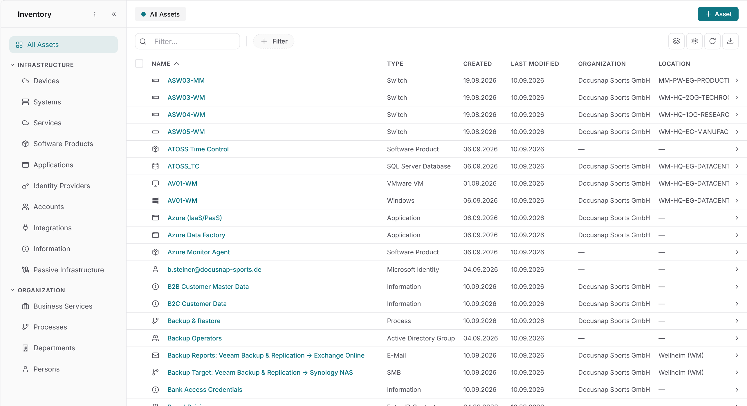 Docusnap365 Inventory All Assets enlarged detail with the infrastructure and organization navigation and a table of assets by name, type, created, last modified, organization and location