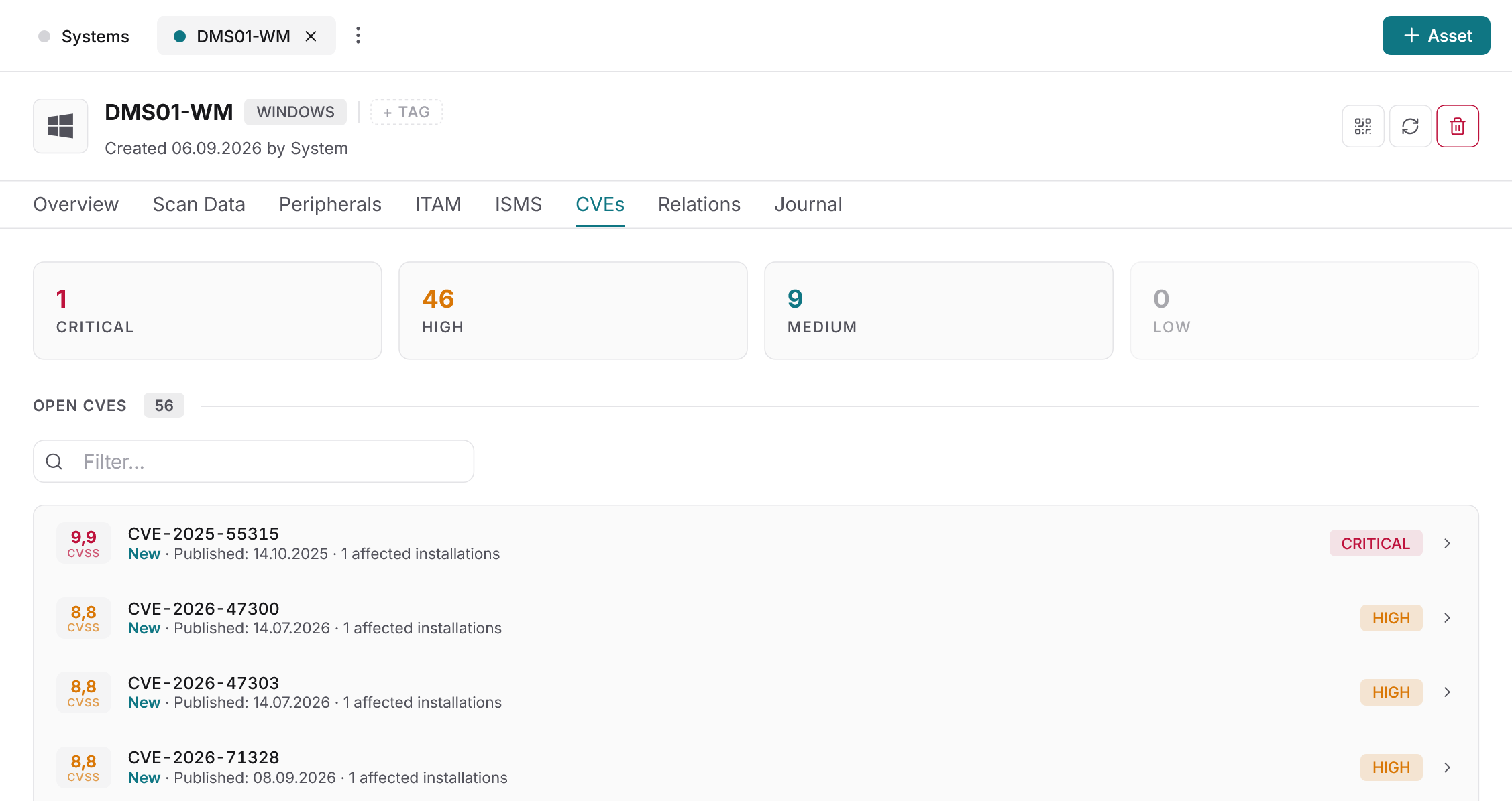 Docusnap365 CVEs tab of a Windows system detail view with severity tiles for critical, high, medium and low and an Open CVEs list with CVSS score, publication date and affected installations