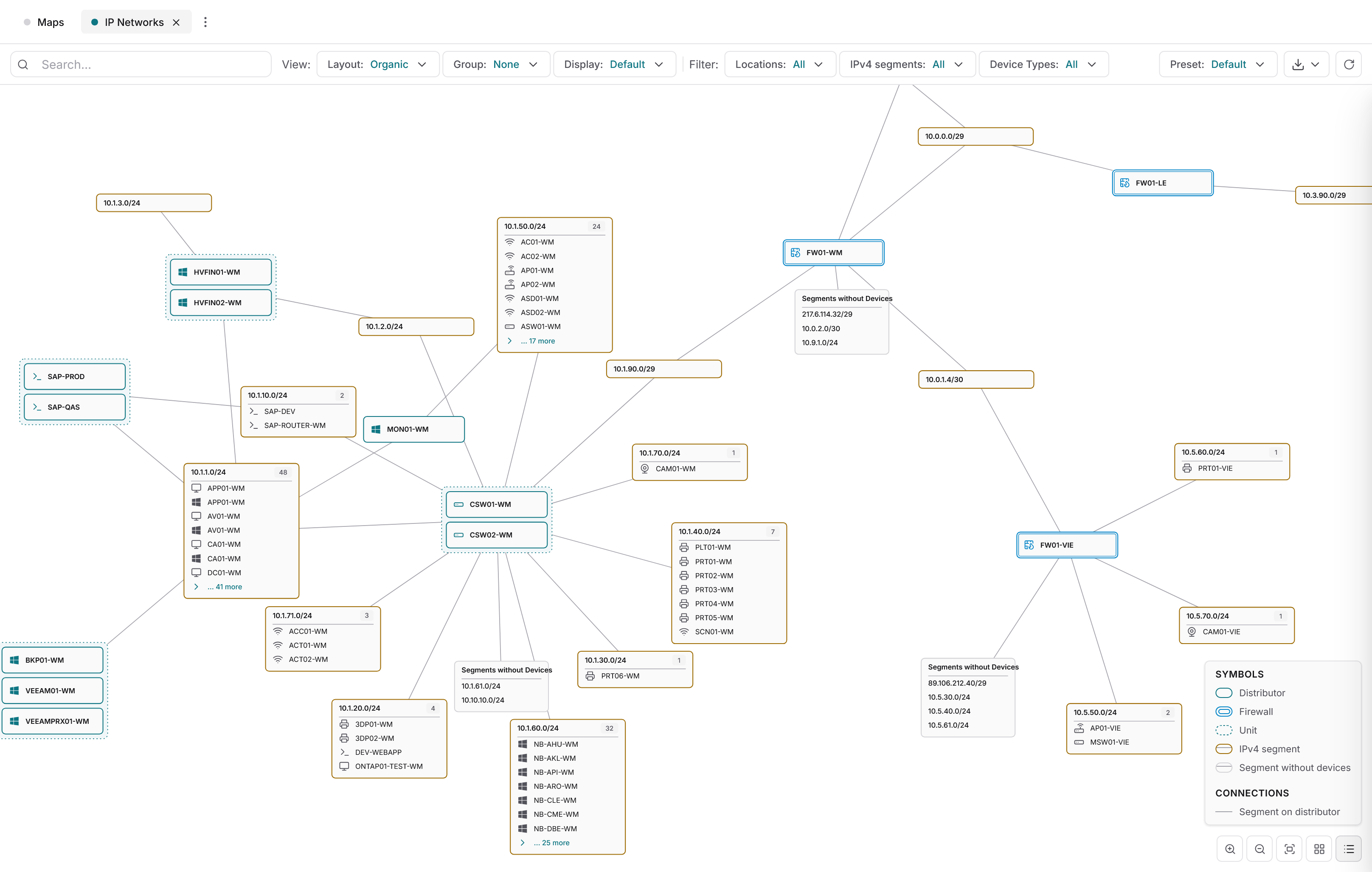 Docusnap365 Maps IP Networks enlarged detail in Organic layout with IPv4 segment boxes listing their devices, distributor and firewall nodes, units, segments without devices and the symbols legend