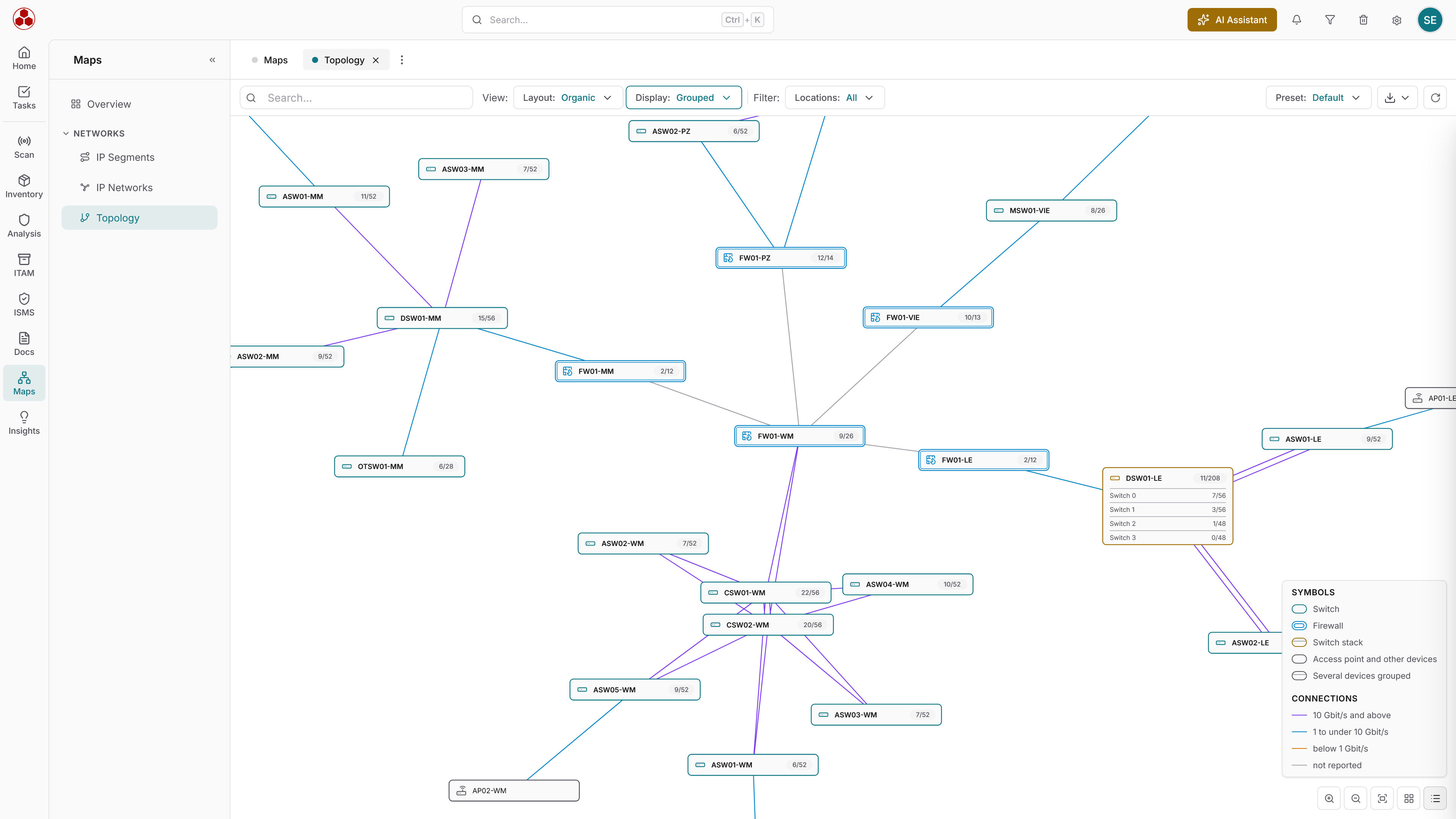 Docusnap365 Maps Topology map in organic grouped layout showing switches, firewalls, a switch stack and access points across locations, connections colored by link speed and a symbol legend