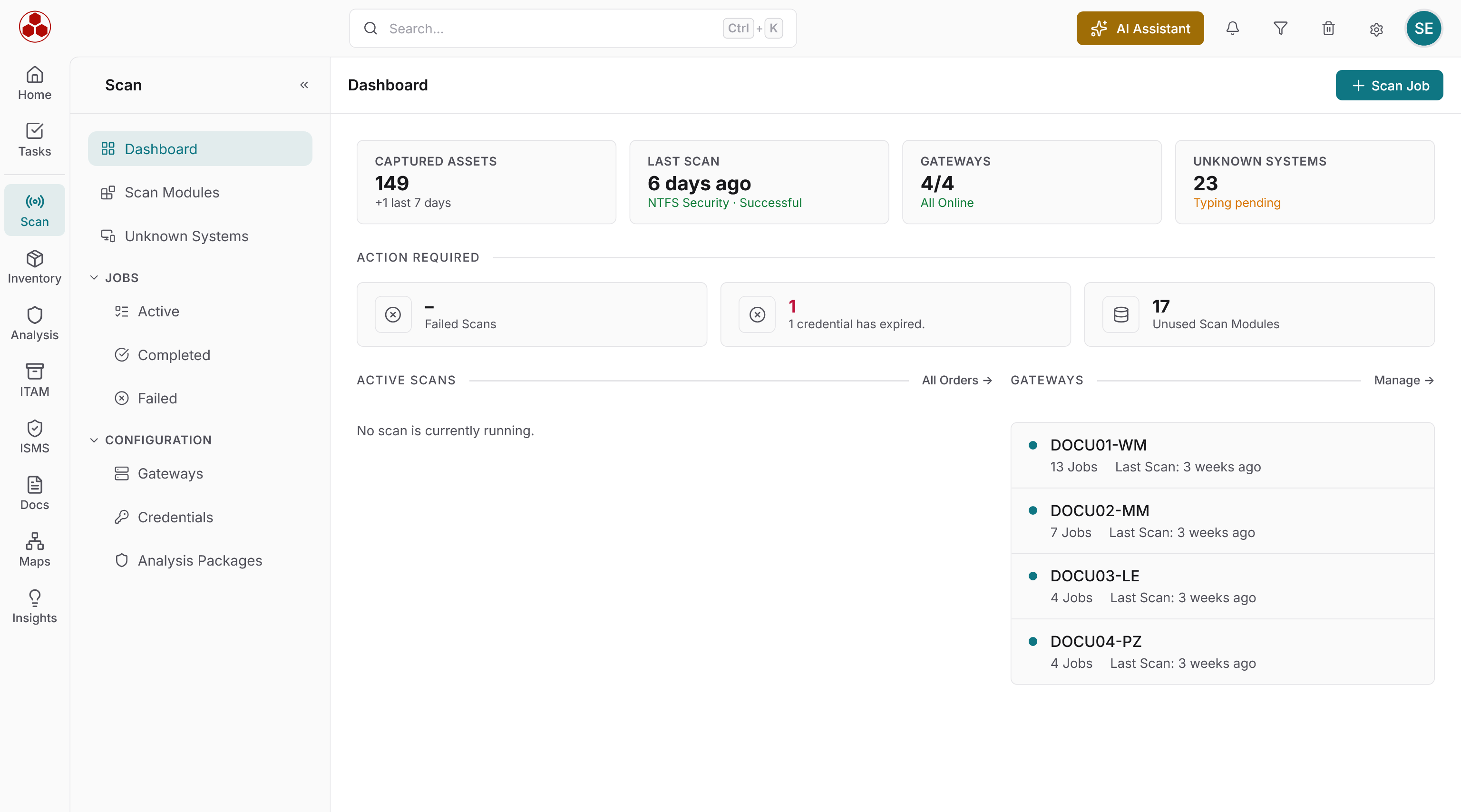 Docusnap365 Scan Dashboard with KPI tiles for Captured Assets, Last Scan, Gateways and Unknown Systems, Action Required cards, Active Scans, a gateway list and a sidebar for jobs and configuration