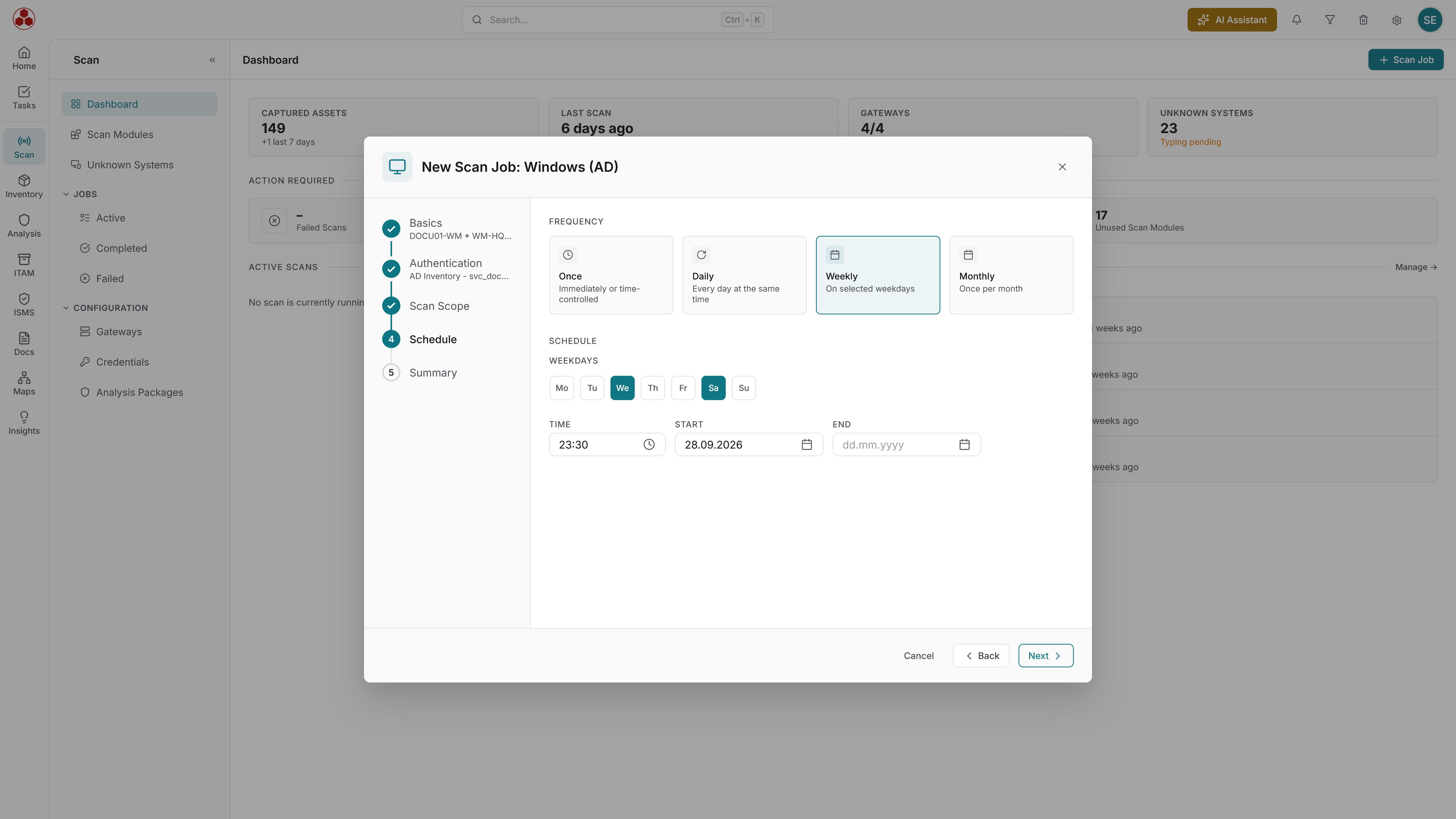 Docusnap365 Scan New Scan Job dialog at the Schedule step for a Windows (AD) job, offering Once, Daily, Weekly and Monthly frequency with weekday selection, time, start and end date fields