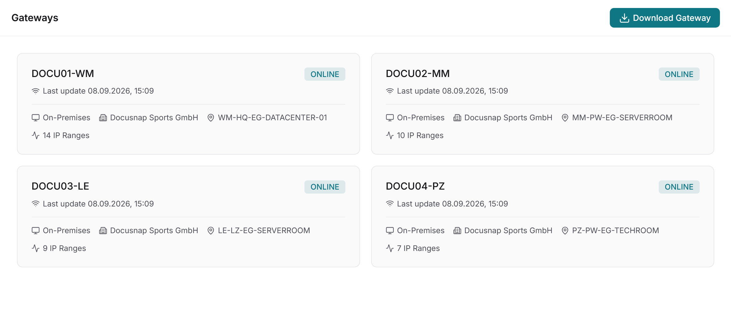 Docusnap365 Scan Gateways page with cards for four on-premises gateways, each showing online status, last update, organization, location and number of IP ranges, plus a Download Gateway button