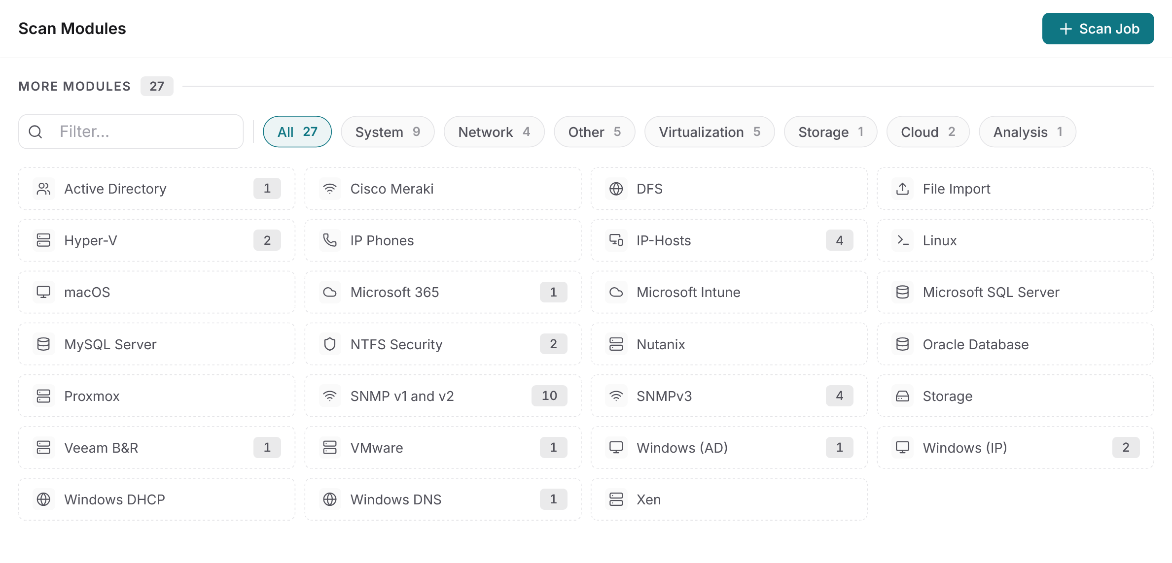 Docusnap365 Scan Modules page listing 27 modules such as Active Directory, Hyper-V, Linux, Microsoft 365, NTFS Security, SNMP, VMware and Windows as tiles with job counts, filterable by category