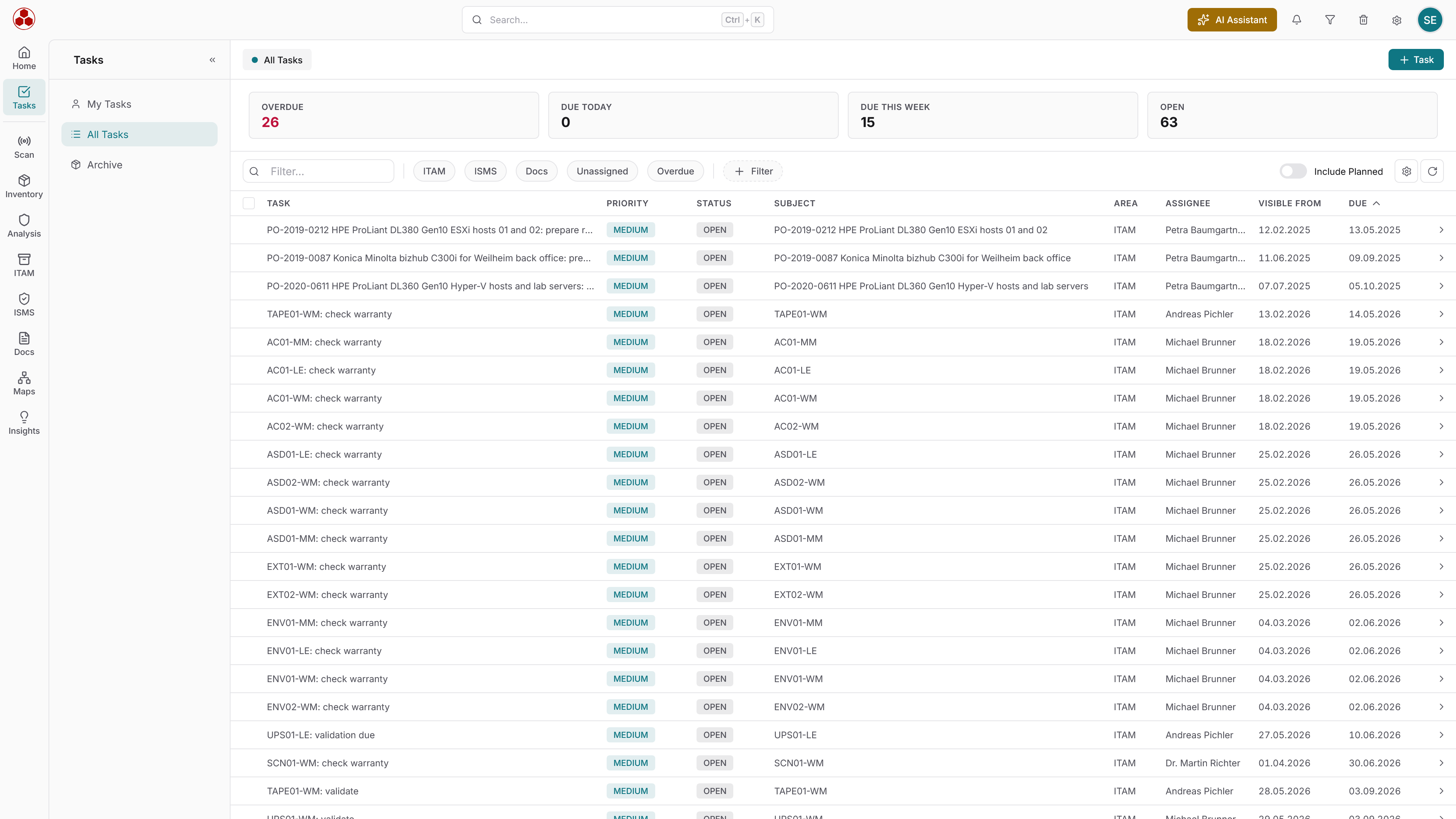 Docusnap365 Tasks All Tasks list with counters for Overdue, Due Today, Due This Week and Open, area filter chips, and a table with task, priority, status, subject, area, assignee and due date