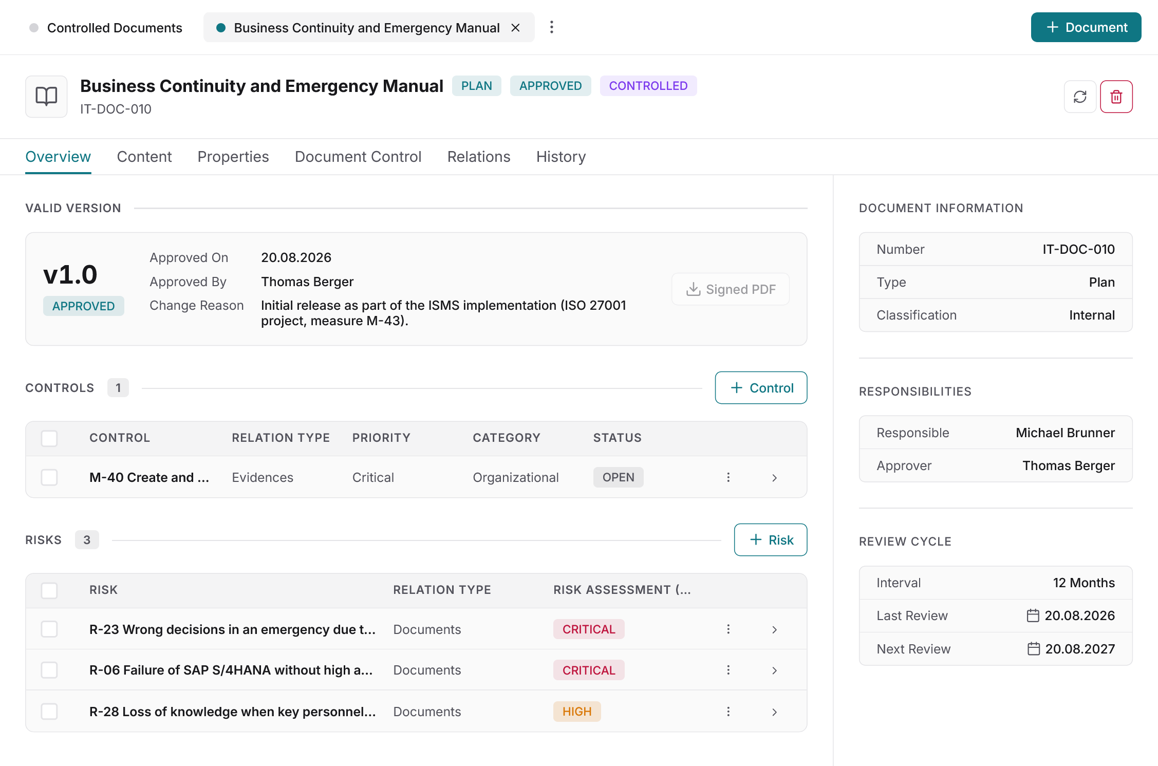 Docusnap365 Controlled Documents Overview tab of an approved plan with a valid version card, tables of linked controls and risks with priority and risk assessment, and a review cycle panel