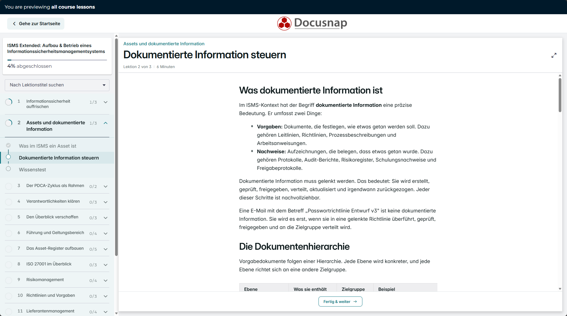 Ein Screenshot einer E-Learning-Plattform mit Kursen und Kapiteln.