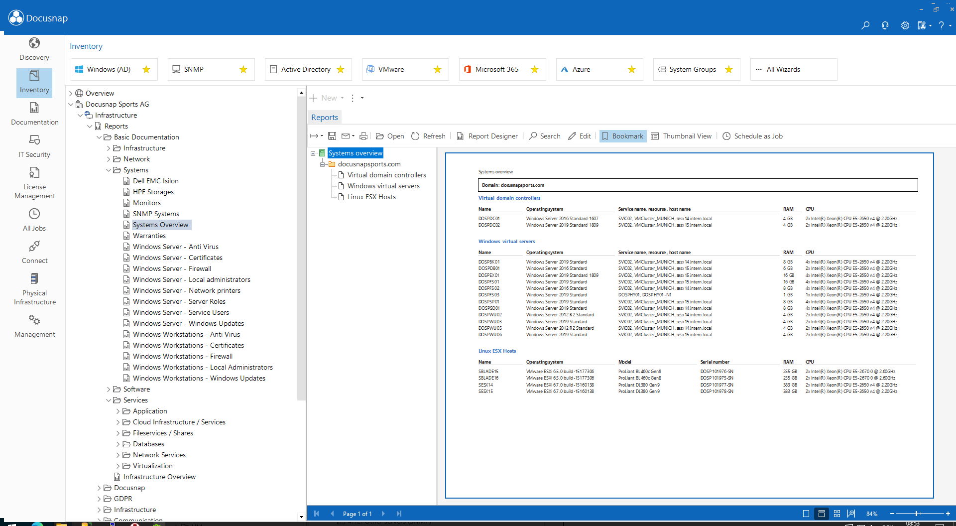 Customized reports for all technologies Docusnap can inventory (systems, services, applications, etc.)