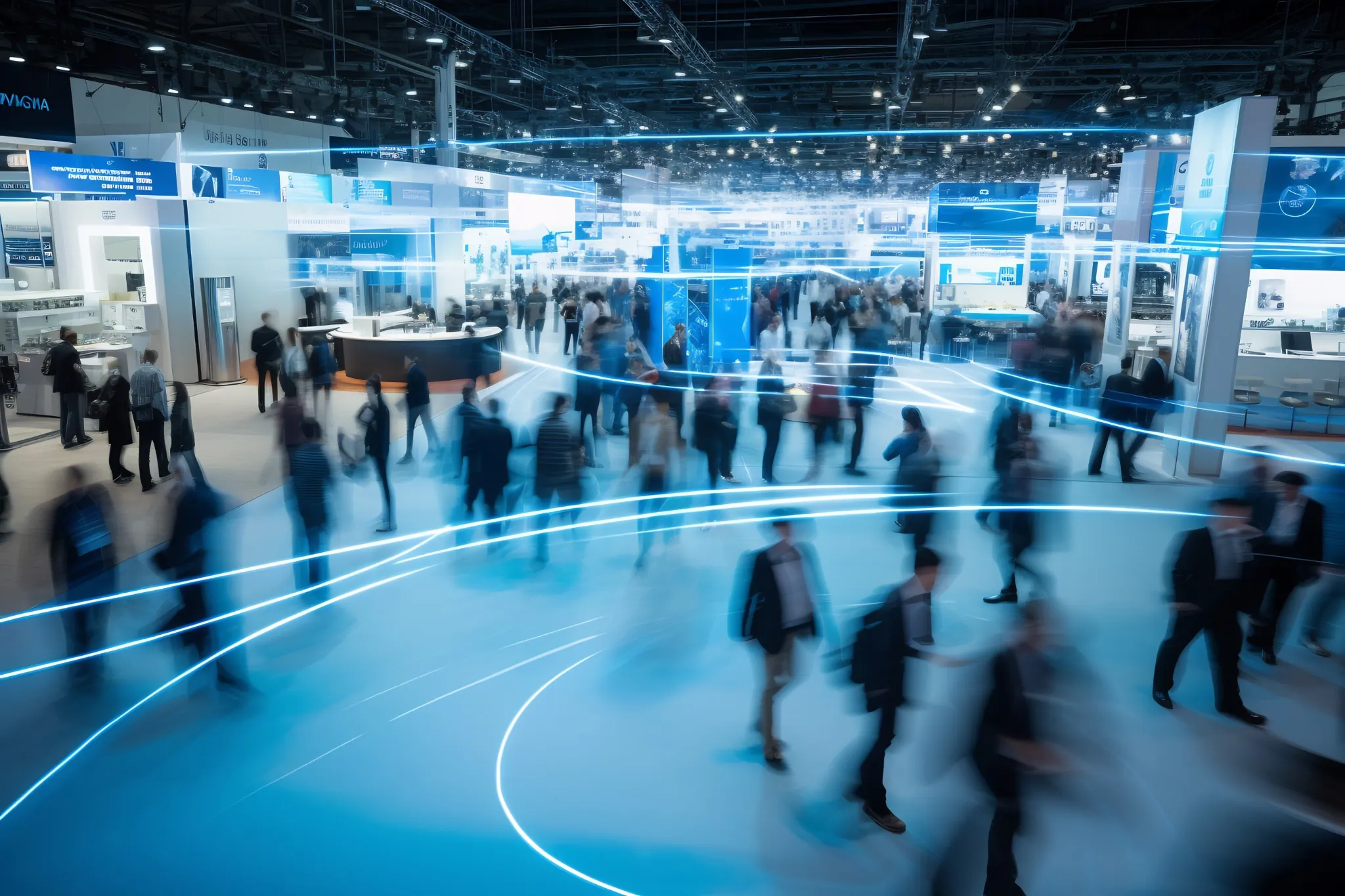 Visitors at a trade fair in a large, modern exhibition hall