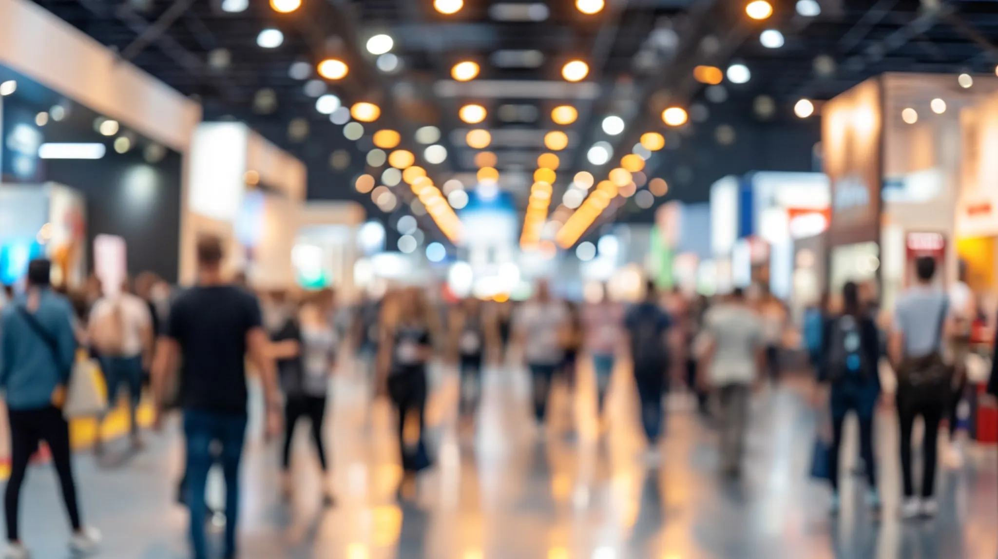 Trade fair visitors between the stands of an exhibition hall